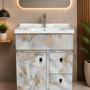 Bathroom Vanity Set with Ceramic Wash Basin & Storage Cabinet | Freestanding Bathroom Vanity Unit | White & Gold Marble Finish | Modern Storage Vanity Cabinet | 24x18Inches