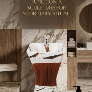 CLASSO Premium Marble & Wood Finish Pedestal Wash Basin | Free-Standing Single Bowl Floor-Mounted Sink| Square Shaped | Designer Luxury Washbasin for Bathroom, Hotel & Living Spaces