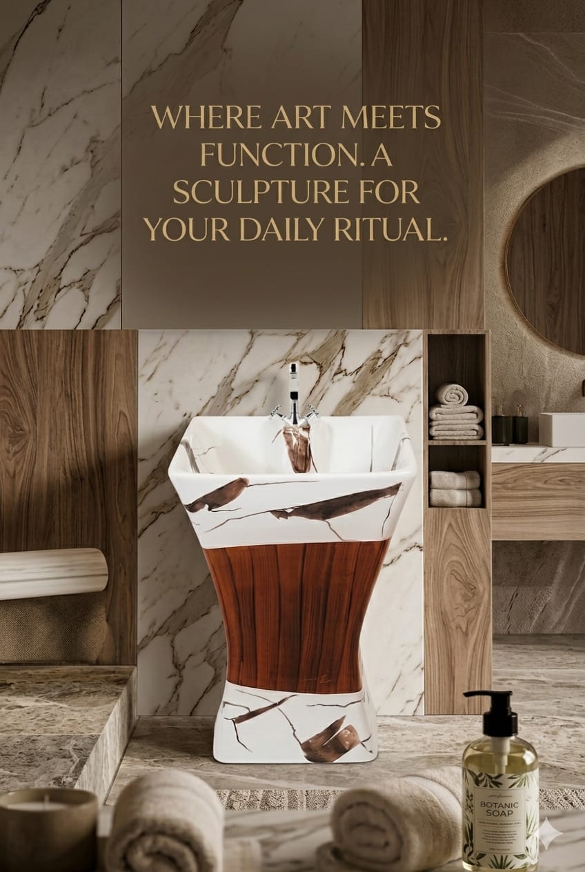 CLASSO Premium Marble & Wood Finish Pedestal Wash Basin | Free-Standing Single Bowl Floor-Mounted Sink| Square Shaped | Designer Luxury Washbasin for Bathroom, Hotel & Living Spaces
