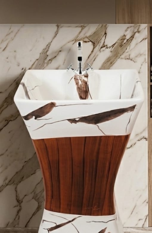 CLASSO Premium Marble & Wood Finish Pedestal Wash Basin | Free-Standing Single Bowl Floor-Mounted Sink| Square Shaped | Designer Luxury Washbasin for Bathroom, Hotel & Living Spaces - Image 2