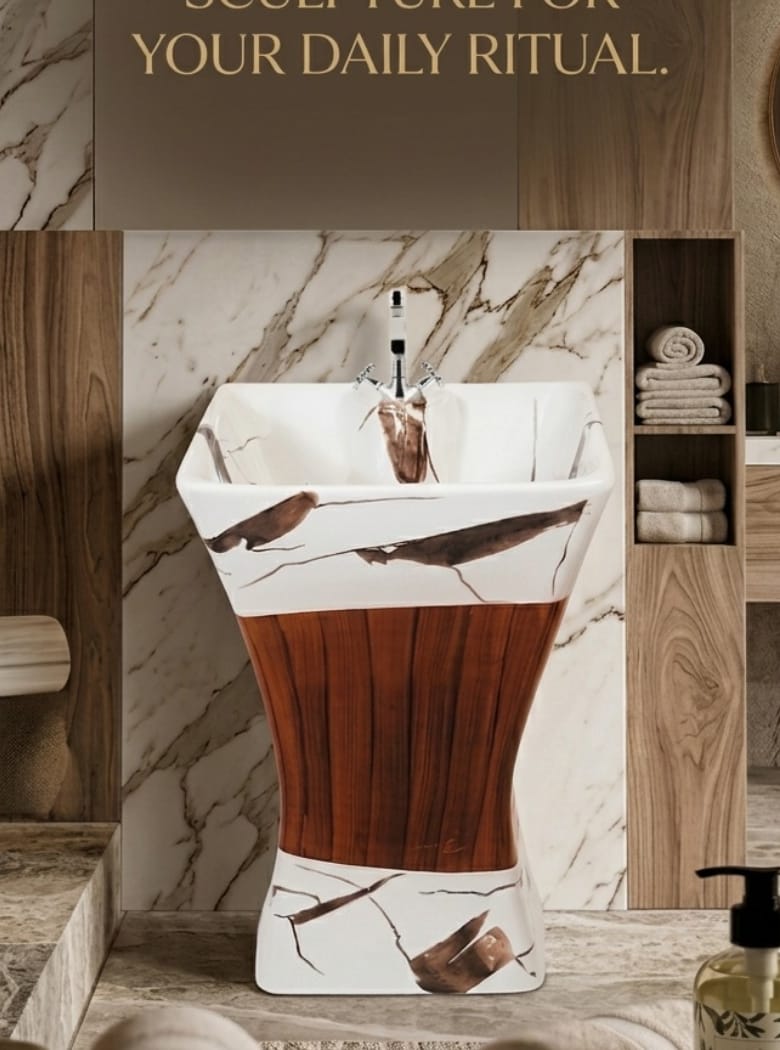 CLASSO Premium Marble & Wood Finish Pedestal Wash Basin | Free-Standing Single Bowl Floor-Mounted Sink| Square Shaped | Designer Luxury Washbasin for Bathroom, Hotel & Living Spaces - Image 3