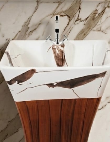 CLASSO Premium Marble & Wood Finish Pedestal Wash Basin | Free-Standing Single Bowl Floor-Mounted Sink| Square Shaped | Designer Luxury Washbasin for Bathroom, Hotel & Living Spaces - Image 4