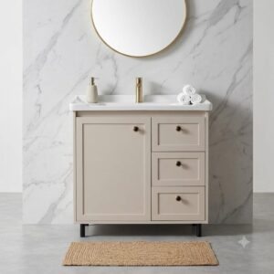 Bathroom PVC Vanity Cabinet with Ceramic Wash Basin & Storage Shelf | Floor Mounted Modern Bathroom Cabinet | Premium Finish | 3D | Elegant & Space-Saving Design