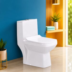 Titlis Commode for Toilet/Rimless Ceramic One Piece Western Toilet/Commode with Soft Closing Toilet Seat Square Shape Alaska Model- S Trap Outlet (White)
